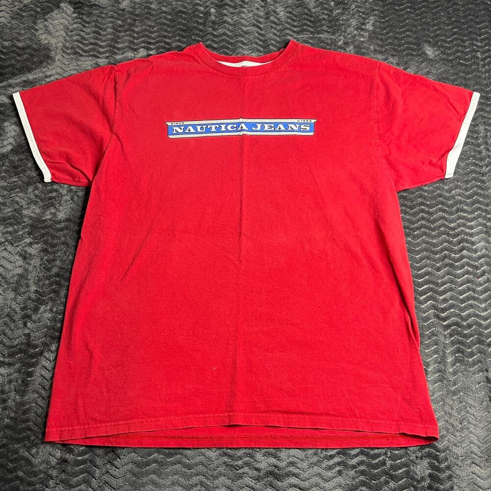 Vintage Nautica Jeans T Shirt Adult XL Red Crew Neck Short Sleeve Made in USA